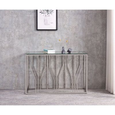 Aria Silver Chrome Console Table Clear Tempered Glass Top - image 1