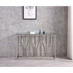 Aria Silver Chrome Console Table Clear Tempered Glass Top