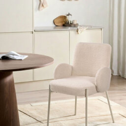 Wyld And Coco Luxeline Dining Chair - Light Beige Boucle Upholstery With Iron Frame, Retro Design, Curved Backrest And Padded Arms - thumbnail 2