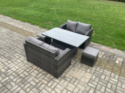 Fimous Outdoor Rattan Furniture Garden Dining Set Height Adjustable Rising Lifting Table Love Sofa Set With 2 Small Footstools - thumbnail 2