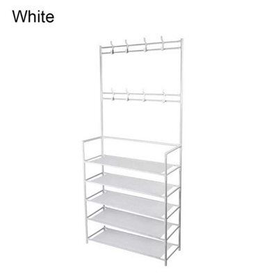 White Coat And Hat Stand 8 Hooks Metal Shoe Rack 5 Tiers Shelf Hanger Black 169Cm - image 1