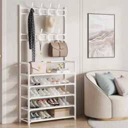 White Coat And Hat Stand 8 Hooks Metal Shoe Rack 5 Tiers Shelf Hanger Black 169Cm - thumbnail 5