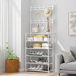 White Coat And Hat Stand 8 Hooks Metal Shoe Rack 5 Tiers Shelf Hanger Black 169Cm - thumbnail 2