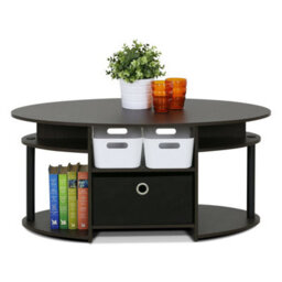 Walplus Furinno Jaya Simple Design Oval Coffee Table With Bin, Walnut, 15079Wnbk - thumbnail 1