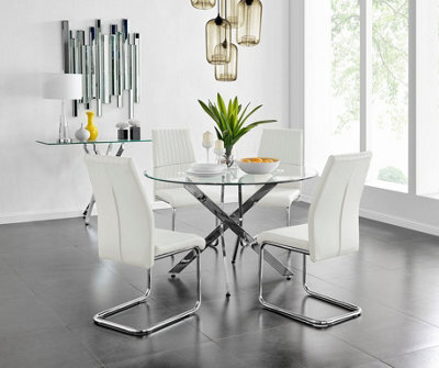Furniturebox Uk Novara Chrome Metal And Glass Large Round Dining Table And 4 White Lorenzo Chairs Set - image 1