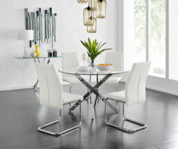 Furniturebox Uk Novara Chrome Metal And Glass Large Round Dining Table And 4 White Lorenzo Chairs Set - thumbnail 1