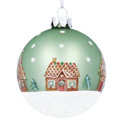 Gisela Graham Christmas Green Glass Bauble With Gingerbread House Design, 8 X 8 Cm, Smooth Gloss Finish