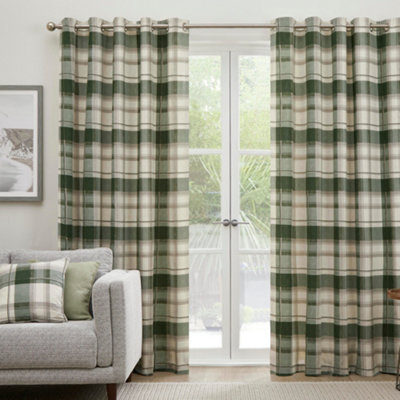 Fusion Balmoral Check Country Checked Pattern Pair Of Bottle Green Eyelet Curtains - image 1
