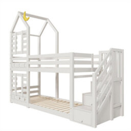 Abrihome Bunk Bed, Storage Children Cabin Bed Single Bed With Window For Kids, Twin Sleeper 190X90 Cm, Solid Pine Wood, 3Ft, White - thumbnail 7
