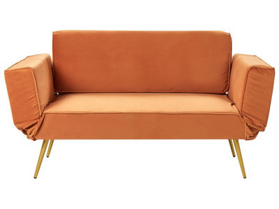 Beliani Sofa Bed 2 Seater Saarela Velvet Orange - image 1