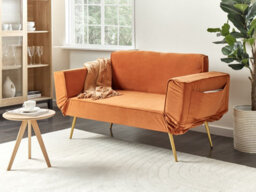 Beliani Sofa Bed 2 Seater Saarela Velvet Orange - thumbnail 2