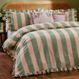 Wylder Birdie Stripe Ruffle Duvet Cover Set, Pink/green, Super King - thumbnail 3