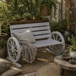 Wyld Haus Linifi Grey Rustic 2-Seater Garden Bench With Wagon Wheel Arms And High Back