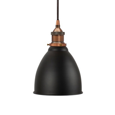Matt Black Classic Small Pantry Metal Painted Dome Pendant Light With Antique Copper Lamp Holder And Black Round Cable - Se Home
