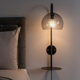 Valuelights Glenn Smoked Glass Globe Shade Wall Light With Matte Black Shelf With Led Bulb