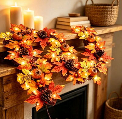 Best Artificial 6Ft Autumn Garland With 50 Warm White Led's Vibrant Maple Leaves, Pumpkins & Acorns For Seasonal Décor - image 1
