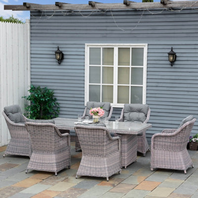 Outsunny 6 Seater Rattan Dining Set With Glass Top Table And Cushions, Grey - image 1