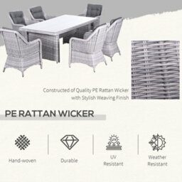 Outsunny 6 Seater Rattan Dining Set With Glass Top Table And Cushions, Grey - thumbnail 4