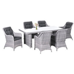 Outsunny 6 Seater Rattan Dining Set With Glass Top Table And Cushions, Grey - thumbnail 2