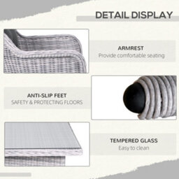 Outsunny 6 Seater Rattan Dining Set With Glass Top Table And Cushions, Grey - thumbnail 6