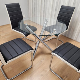 Kosy Koala Round Chrome Metal And Clear Glass Dining Table And 4 Stylish Black White Faux Leather Dining Chairs Set - thumbnail 4