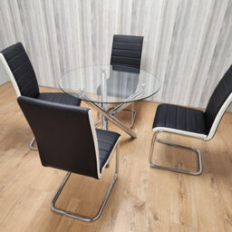 Kosy Koala Round Chrome Metal And Clear Glass Dining Table And 4 Stylish Black White Faux Leather Dining Chairs Set - thumbnail 5