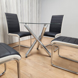 Kosy Koala Round Chrome Metal And Clear Glass Dining Table And 4 Stylish Black White Faux Leather Dining Chairs Set - thumbnail 3