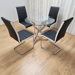 Kosy Koala Round Chrome Metal And Clear Glass Dining Table And 4 Stylish Black White Faux Leather Dining Chairs Set - thumbnail 1