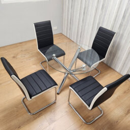 Kosy Koala Round Chrome Metal And Clear Glass Dining Table And 4 Stylish Black White Faux Leather Dining Chairs Set - thumbnail 2