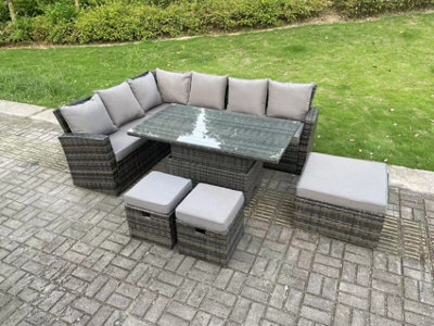 Fimous 9 Seater High Back Outdoor Rattan Adjustable Rising Lifting Dining Table Corner Sofa Set Garden Furniture Left Hand - image 1