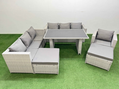 Fimous Patio Garden Furniture Sets With Black Glass Top Dining Table 3 Seater Sofa Armchair 2 Big Stool Light Grey - image 1