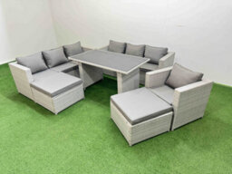 Fimous Patio Garden Furniture Sets With Black Glass Top Dining Table 3 Seater Sofa Armchair 2 Big Stool Light Grey - thumbnail 2