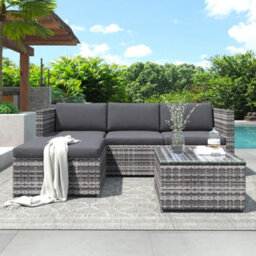 HomeTouch Grey Outdoor Patio Garden Rattan Corner Sofa Set With Rattan Coffee Table - thumbnail 3