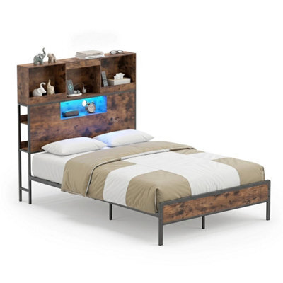King Size Bed Frame With Led Lights & Power Outlet Industrial Metal Platform Bed - image 1