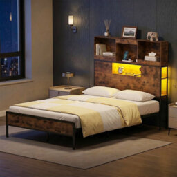 King Size Bed Frame With Led Lights & Power Outlet Industrial Metal Platform Bed - thumbnail 4
