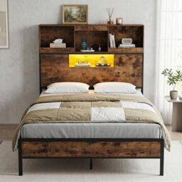 King Size Bed Frame With Led Lights & Power Outlet Industrial Metal Platform Bed - thumbnail 5