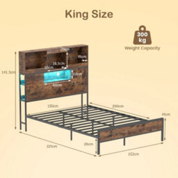 King Size Bed Frame With Led Lights & Power Outlet Industrial Metal Platform Bed - thumbnail 2