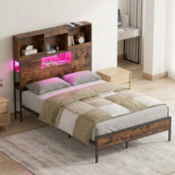 King Size Bed Frame With Led Lights & Power Outlet Industrial Metal Platform Bed - thumbnail 3