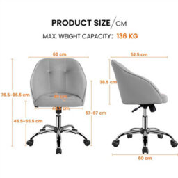 Yaheetech Height Adjustable Swivel Desk Chair With Castors And Armrests - Light Grey / Velvet - thumbnail 3