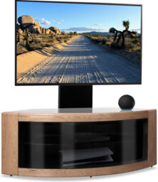 "Homeology Pangea Black/oak Beam-Thru Curved True-Corner 32""-50"" Tv Cabinet With Mounting Arm"