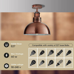 Vintage Semi Flush Mount Ceiling Light With 36Cm Yellow Brass Dome Lampshade Easy Fit  Anti Rust Metal Hammered Finish For Indoor - thumbnail 8