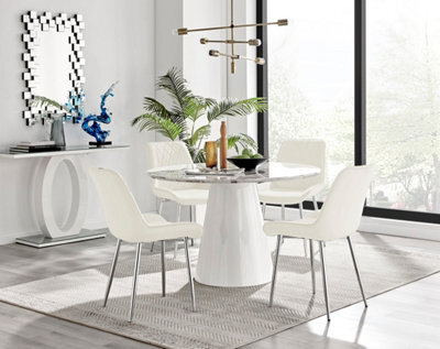 Furniturebox Palma White Marble Effect Round 4-6 Seater Pedestal Dining Table & 4 Cream Velvet Pesaro Silver Leg Chairs - image 1