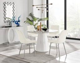 Furniturebox Palma White Marble Effect Round 4-6 Seater Pedestal Dining Table & 4 Cream Velvet Pesaro Silver Leg Chairs - thumbnail 1