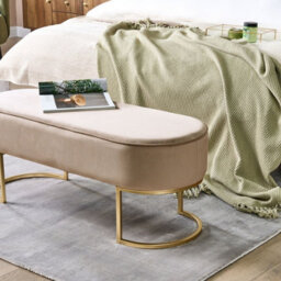 Wyld And Coco Luxehome Velvet Beige Bed Bench With Gold Metal Legs - Compact Oval Seat W104 X D40 X H40Cm - thumbnail 2