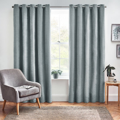 furn. Harris Duck Egg Herringbone Chenille Lined Eyelet Curtains (W)167Cm (L)228Cm, Pair - image 1