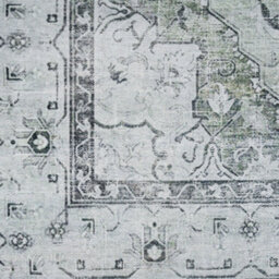 Loomed Silver Grey Green Distressed Bordered Medallion Anti Slip Washable Rug 120X170Cm - thumbnail 4