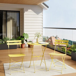 3 Piece Foldable Metal Bistro Set, Collapsible Table & 2 Patio Chairs, Space Saving For Balcony Garden Small Patio, Yellow - thumbnail 3