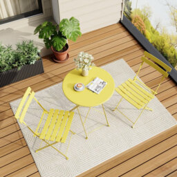 3 Piece Foldable Metal Bistro Set, Collapsible Table & 2 Patio Chairs, Space Saving For Balcony Garden Small Patio, Yellow - thumbnail 4