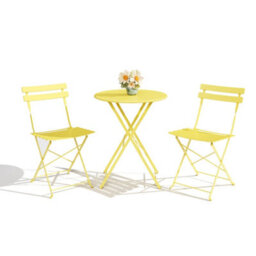 3 Piece Foldable Metal Bistro Set, Collapsible Table & 2 Patio Chairs, Space Saving For Balcony Garden Small Patio, Yellow