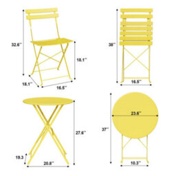 3 Piece Foldable Metal Bistro Set, Collapsible Table & 2 Patio Chairs, Space Saving For Balcony Garden Small Patio, Yellow - thumbnail 7